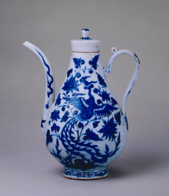 图片[1]-Jingdezhen kiln blue and white phoenix wearing peony pattern holding pot-China Archive